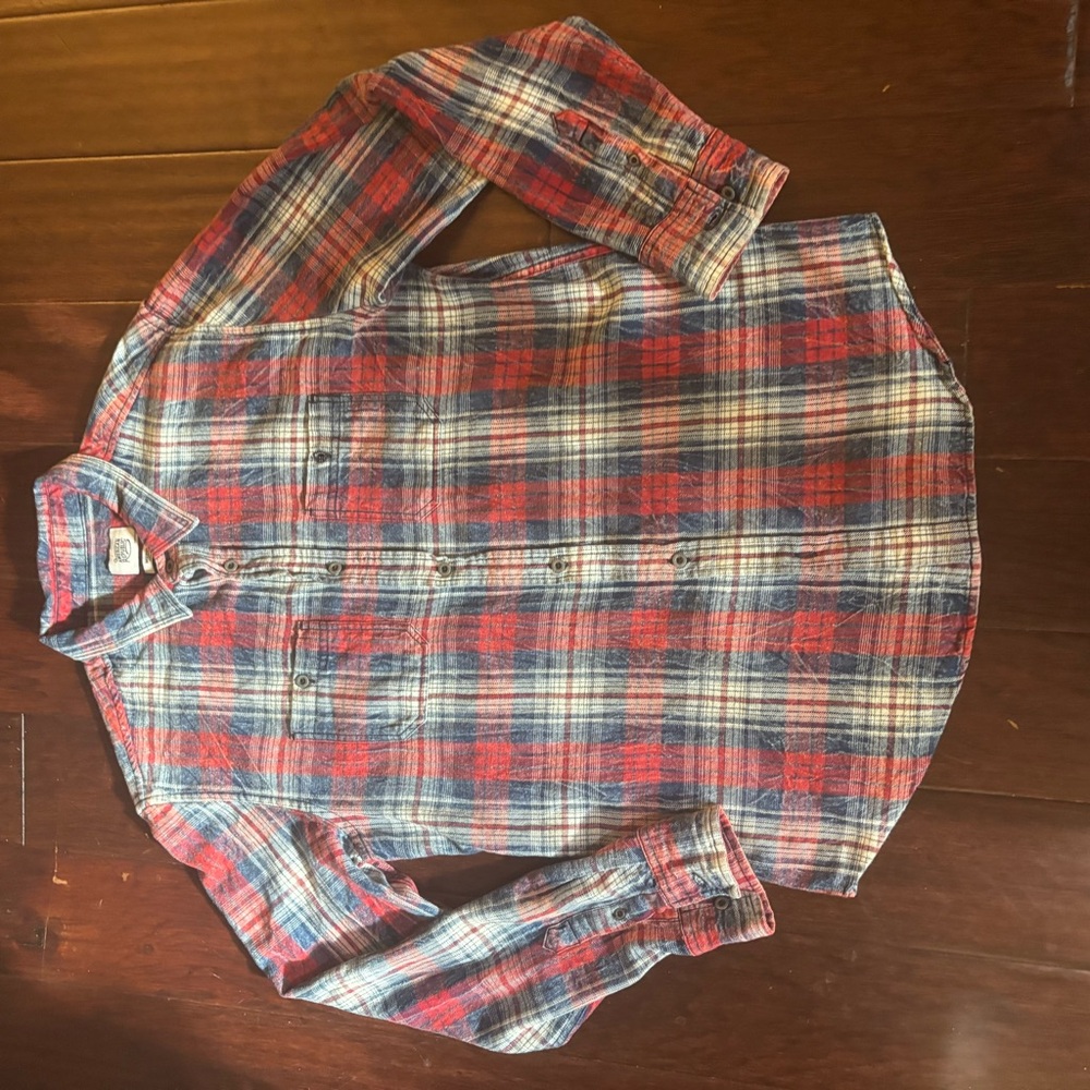 America Republic Men Medium Denim Plaid Button Uo Long SleeveShirt - Multicolor
